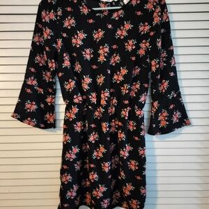 Floral Black Dress with Bell Sleeves